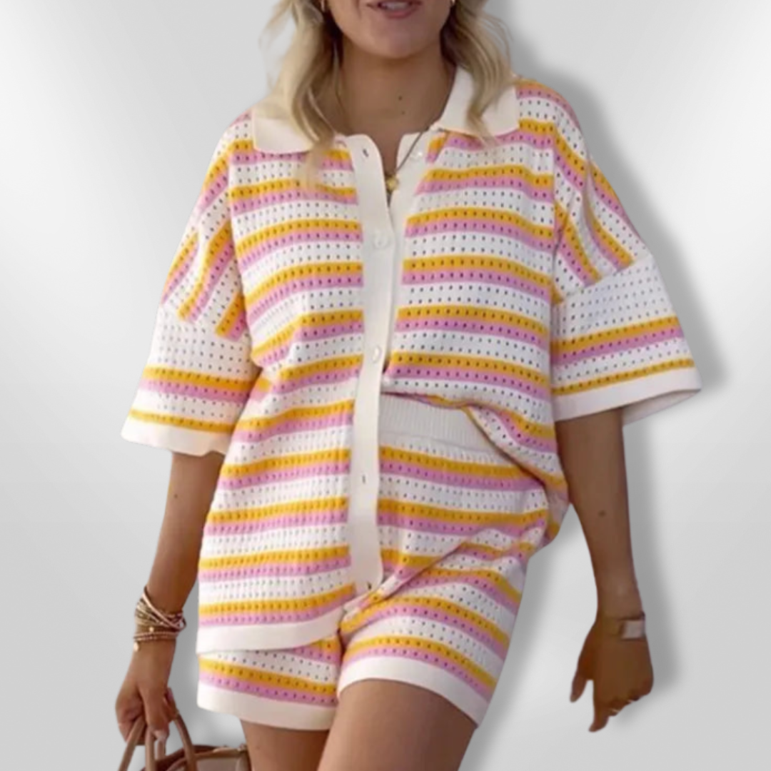 Damernas Set Löst Snitt Virkat Material med Knäppning och Randmönster 1