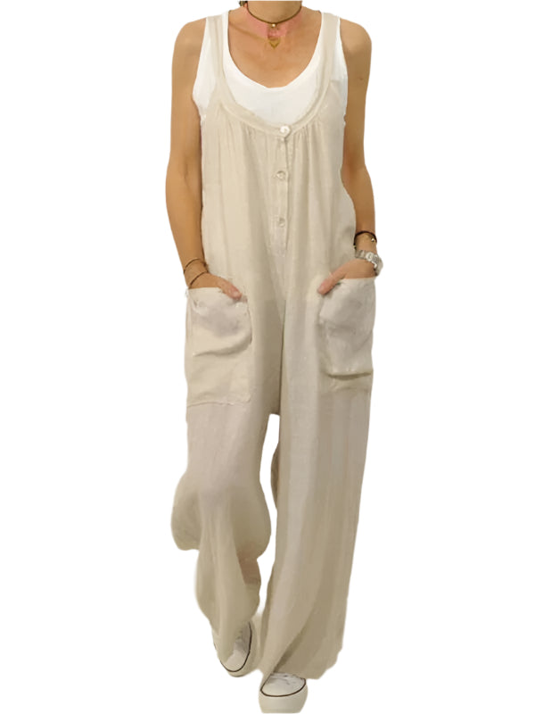 Damoverall i bomull och linne med elastisk midja och knappar 0