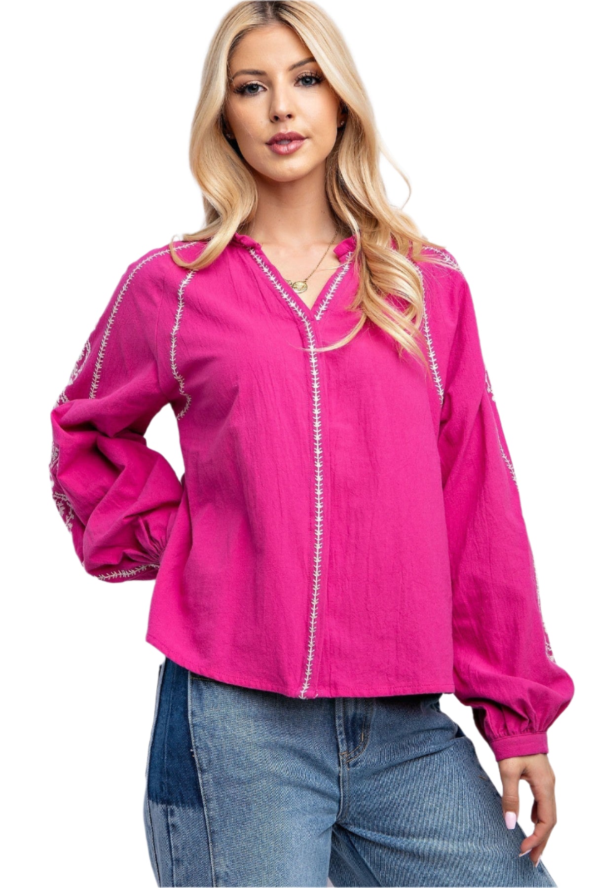 Dams Linne Top Boxig Bomull med Broderi och Notch Halsringning 0