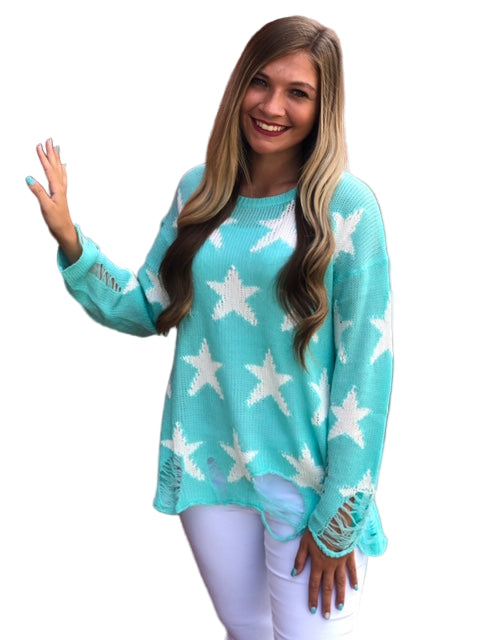 Damtröja med Rund Hals och Lång Ärmar i Mintfärgad Stjärntryck 0