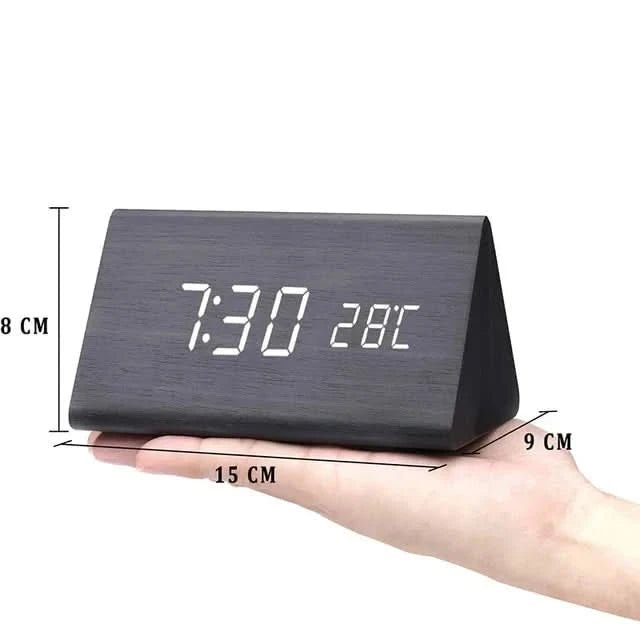 Digital Väckarklocka Med Ljus och Temperaturdisplay i Trälook 0