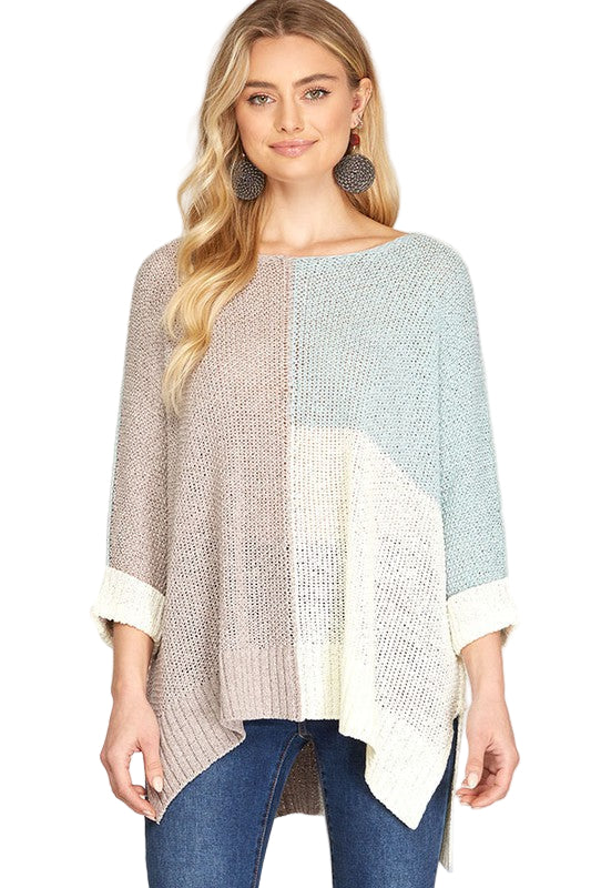 Grå och himmelsblå stickad pullover för kvinnor 0