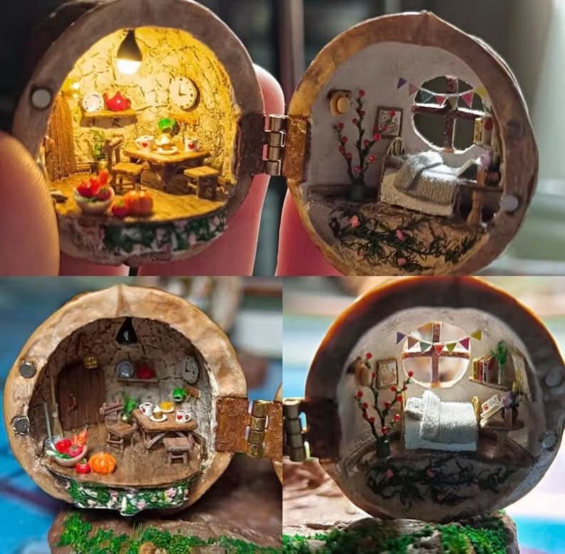 Handgjort Dockskåp i Valnötsskal med Belysning 1