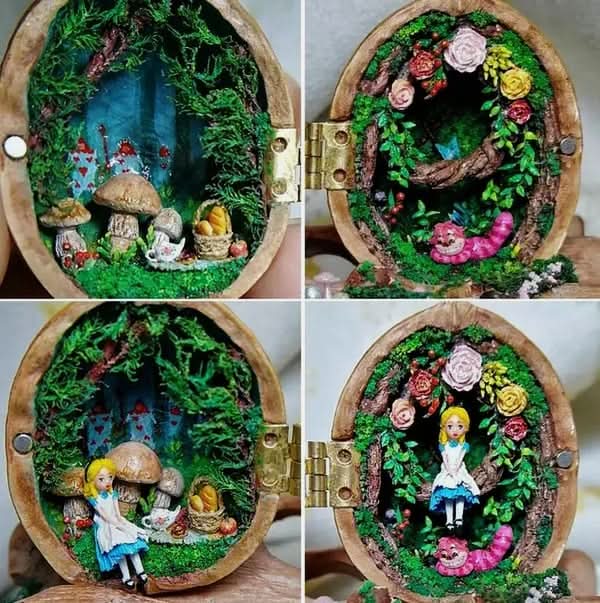 Handgjort Dockskåp i Valnötsskal med Belysning 2