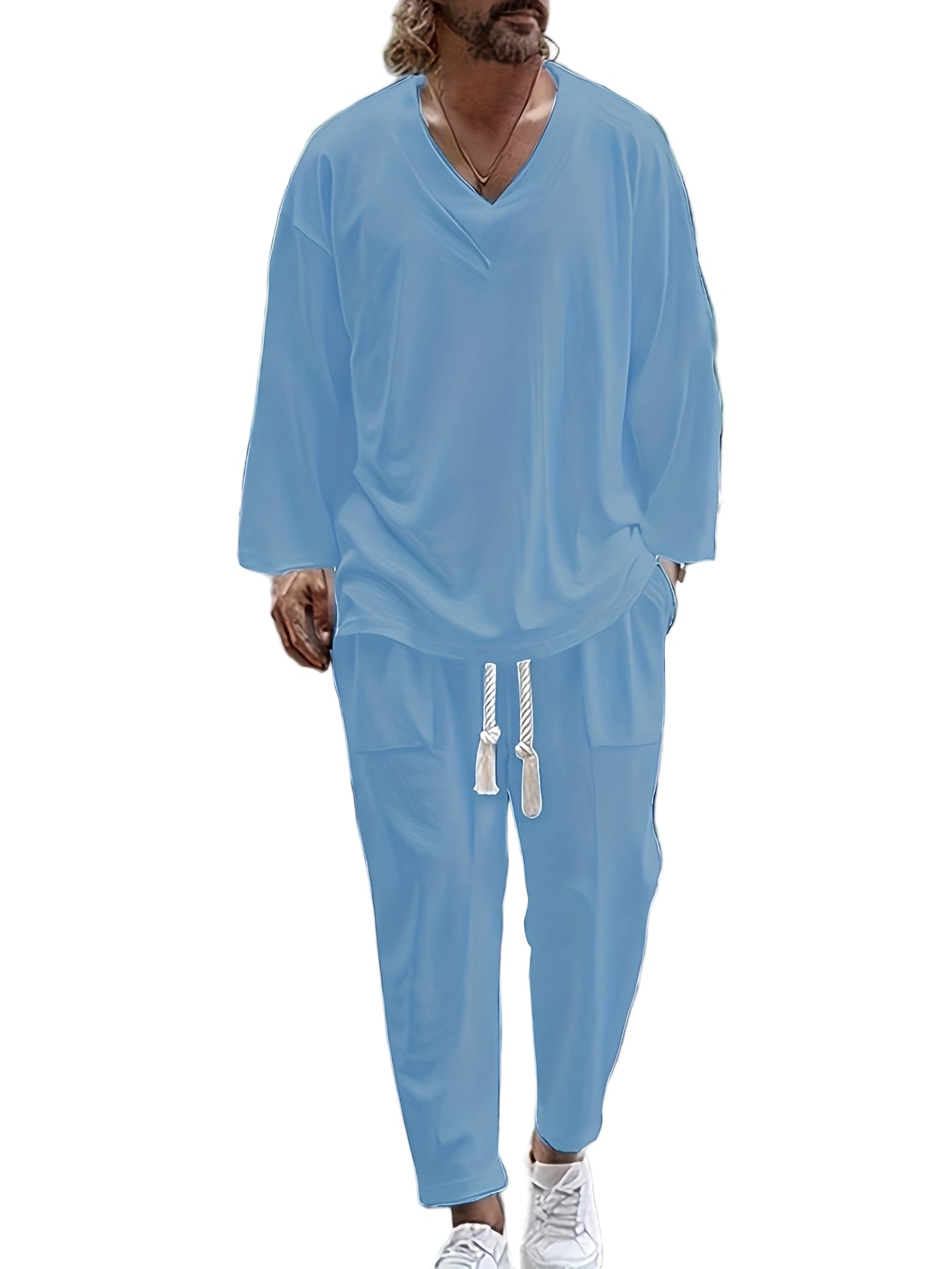 Herr Loungewear Set V-Hals Långärmad Topp Avslappnad Passform Byxor med Fickor 0