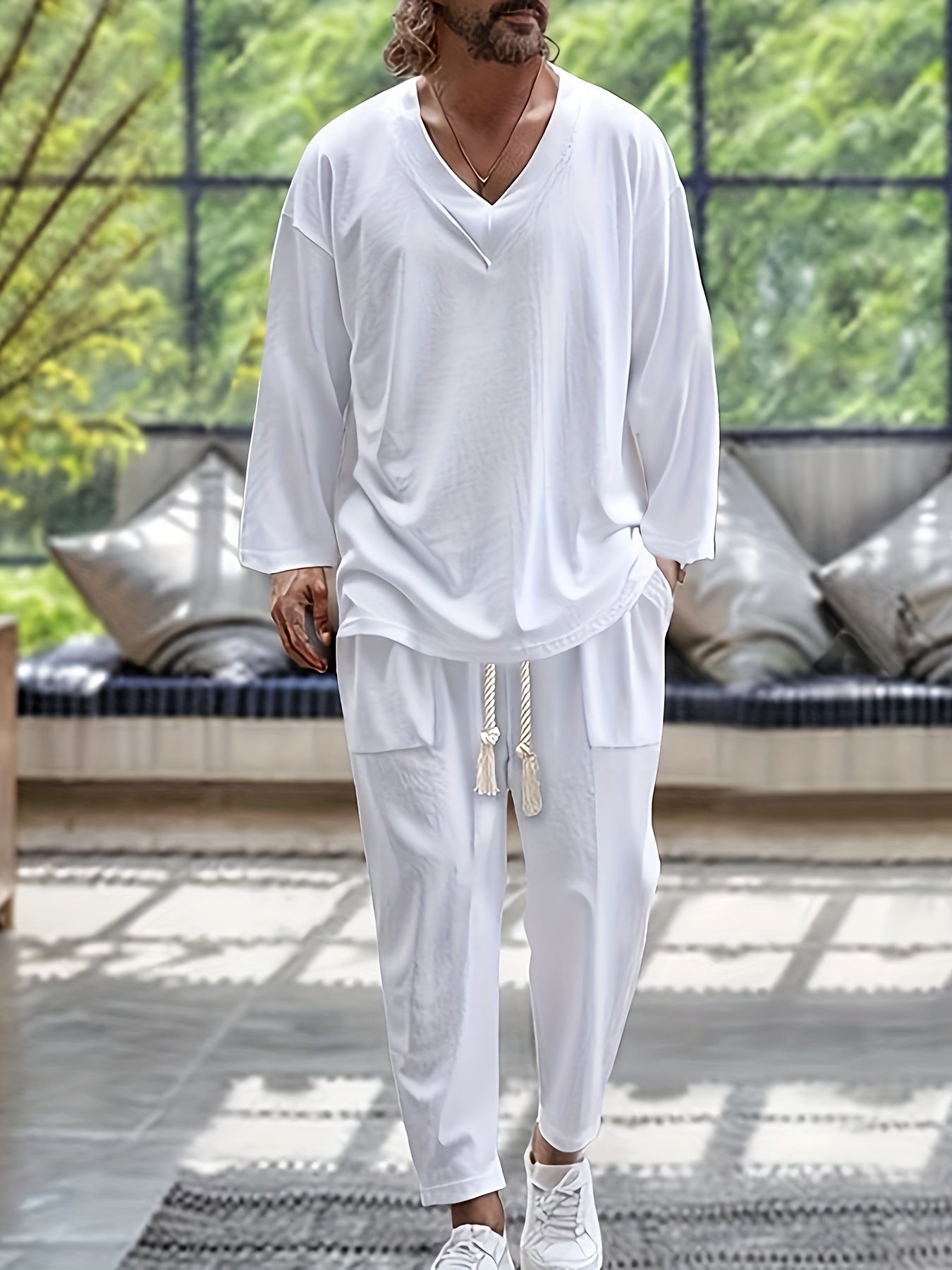 Herr Loungewear Set V-Hals Långärmad Topp Avslappnad Passform Byxor med Fickor 1