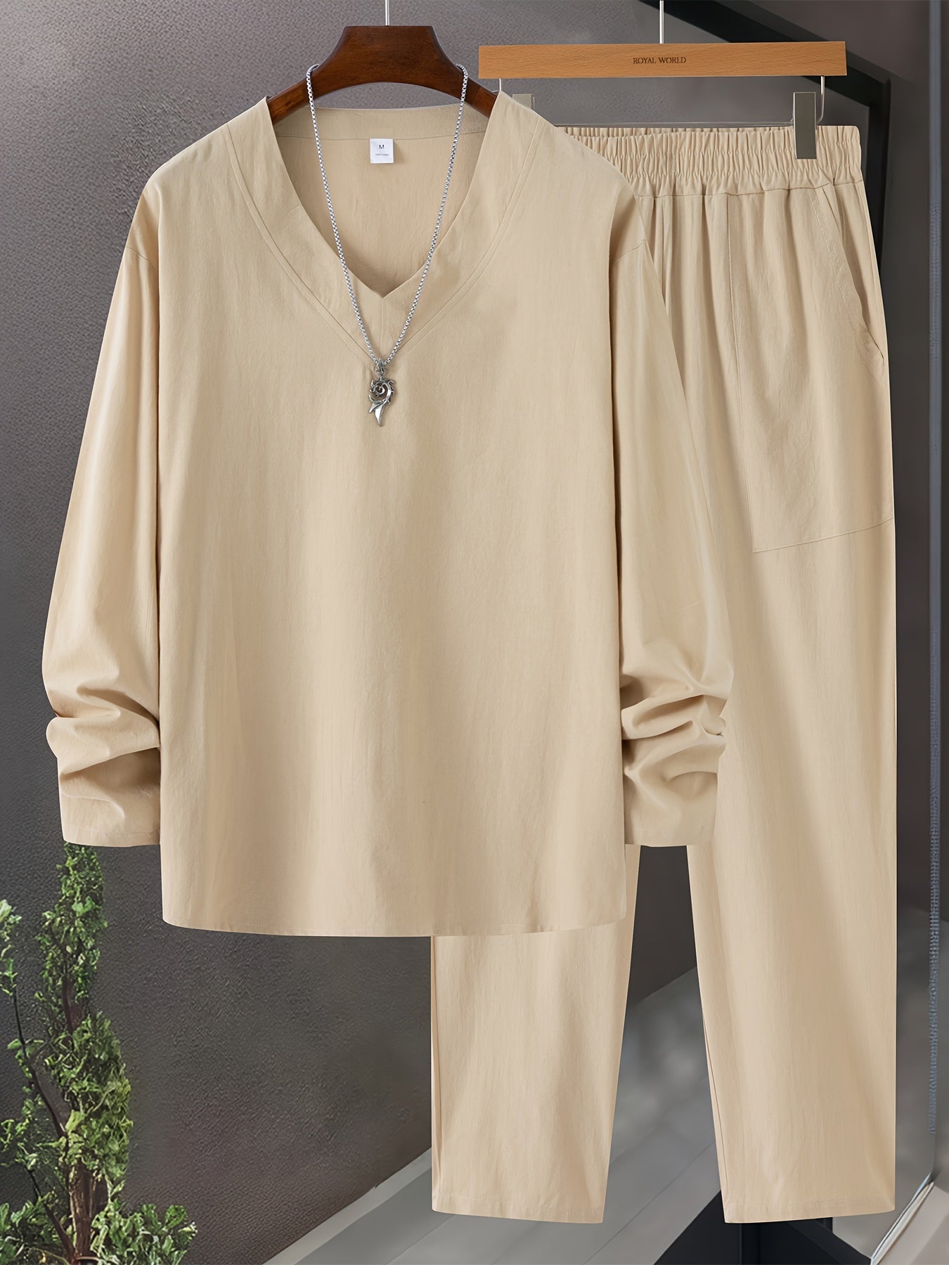 Herr Loungewear Set V-Hals Långärmad Topp Avslappnad Passform Byxor med Fickor 2