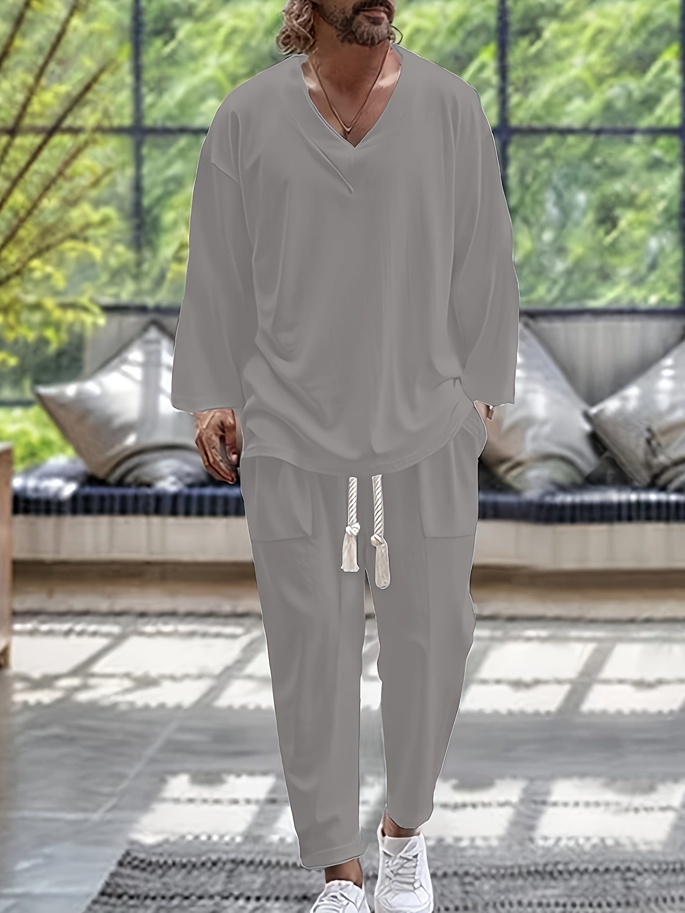 Herr Loungewear Set V-Hals Långärmad Topp Avslappnad Passform Byxor med Fickor 5