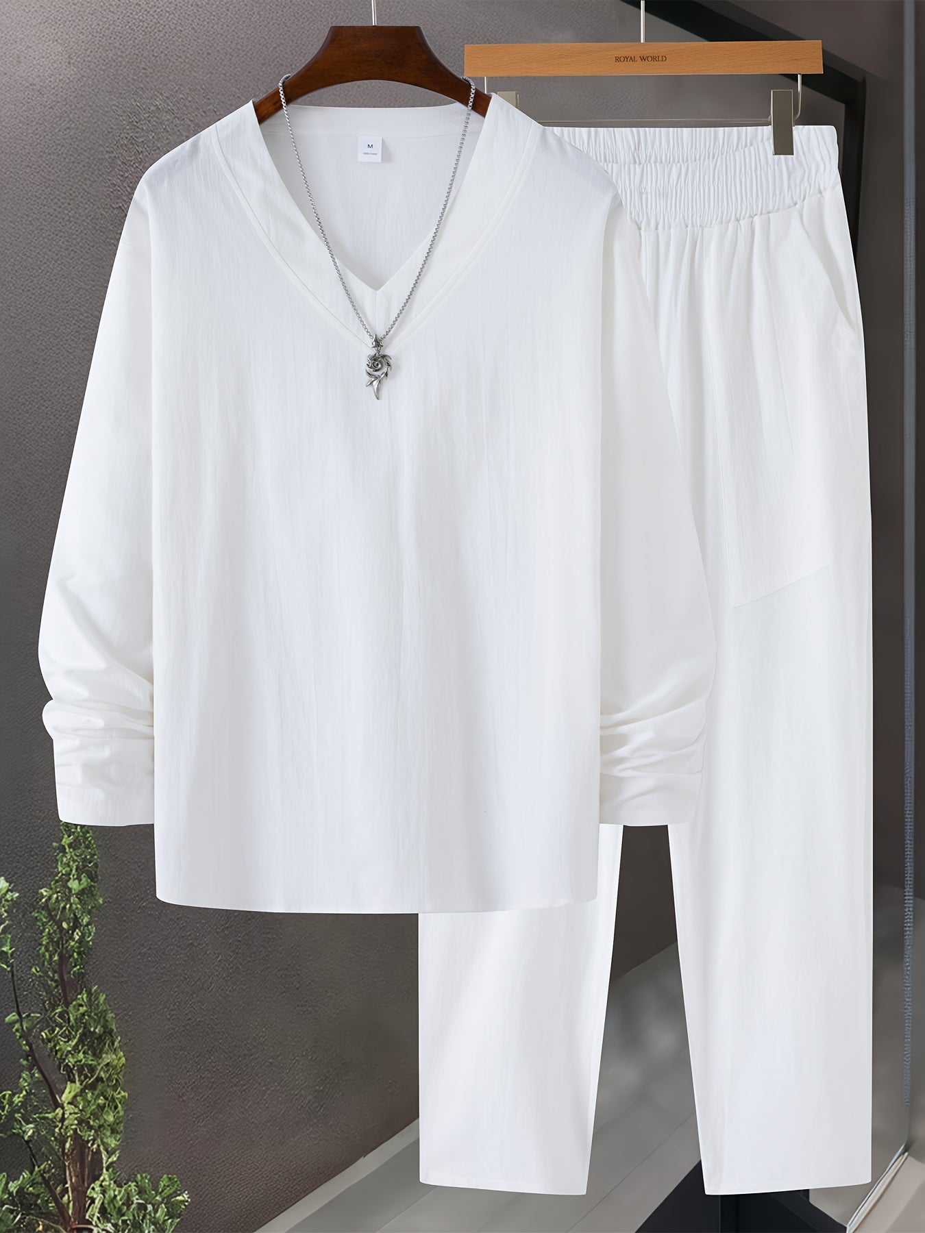 Herr Loungewear Set V-Hals Långärmad Topp Avslappnad Passform Byxor med Fickor 7