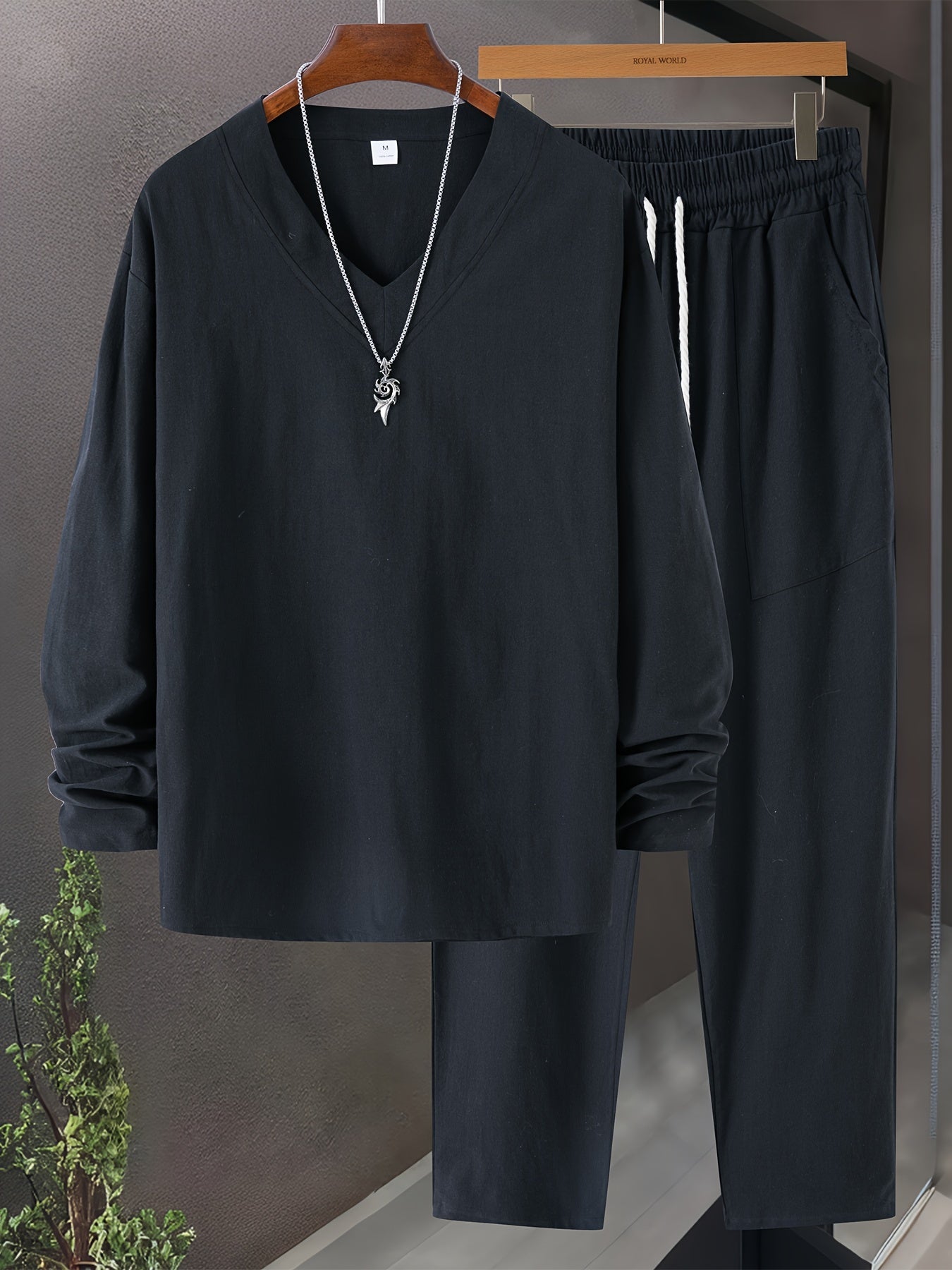 Herr Loungewear Set V-Hals Långärmad Topp Avslappnad Passform Byxor med Fickor 8