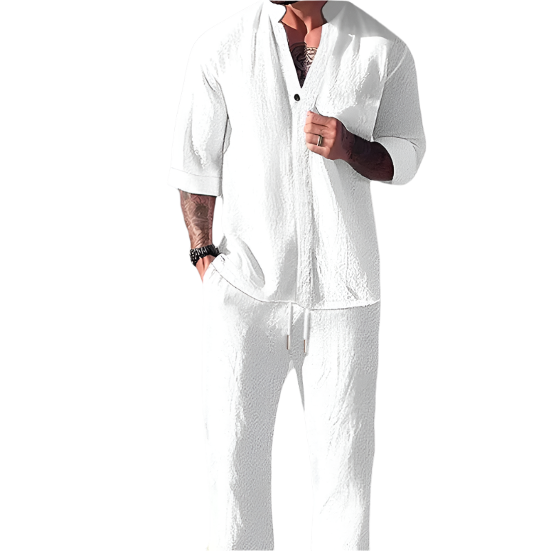 Herr Loungewear Set V-ringad Topp och Dragsko Byxor i Bomull och Linne 0