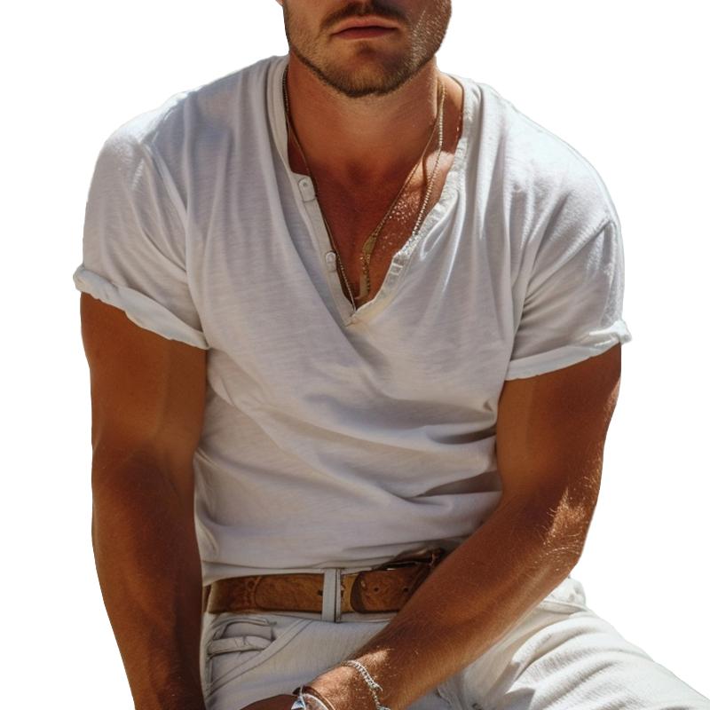 Herr T-shirt Kortärmad Henley Stil 1