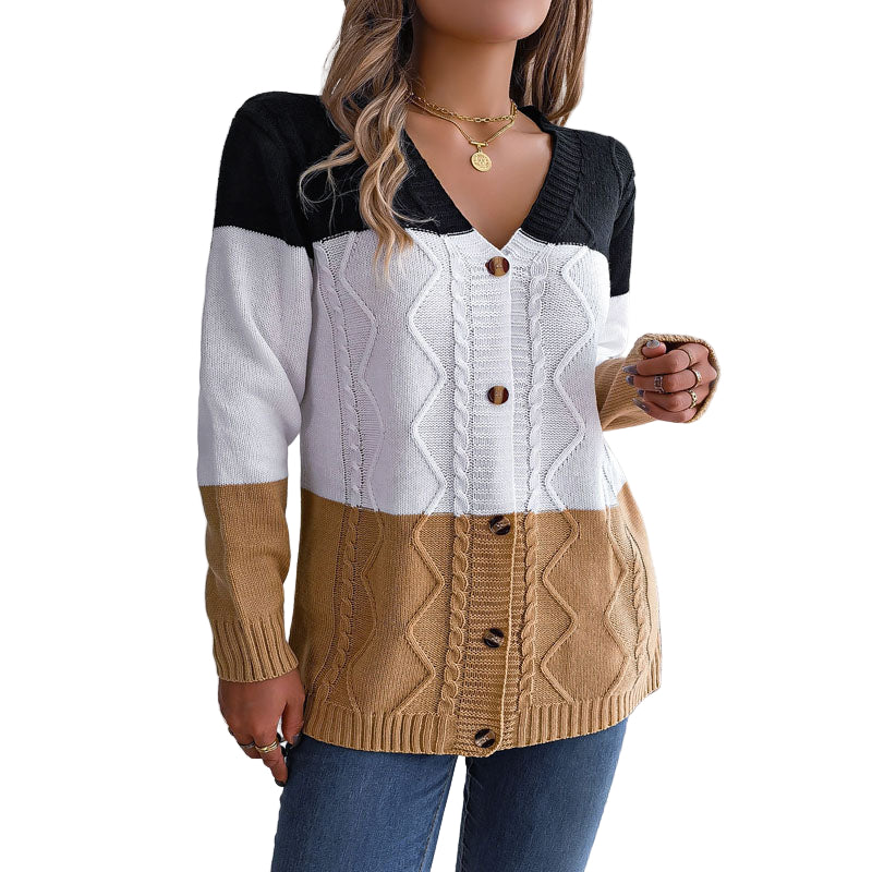 Herr Tröja Färgblockdesign med V-Ringning och Knappar 0