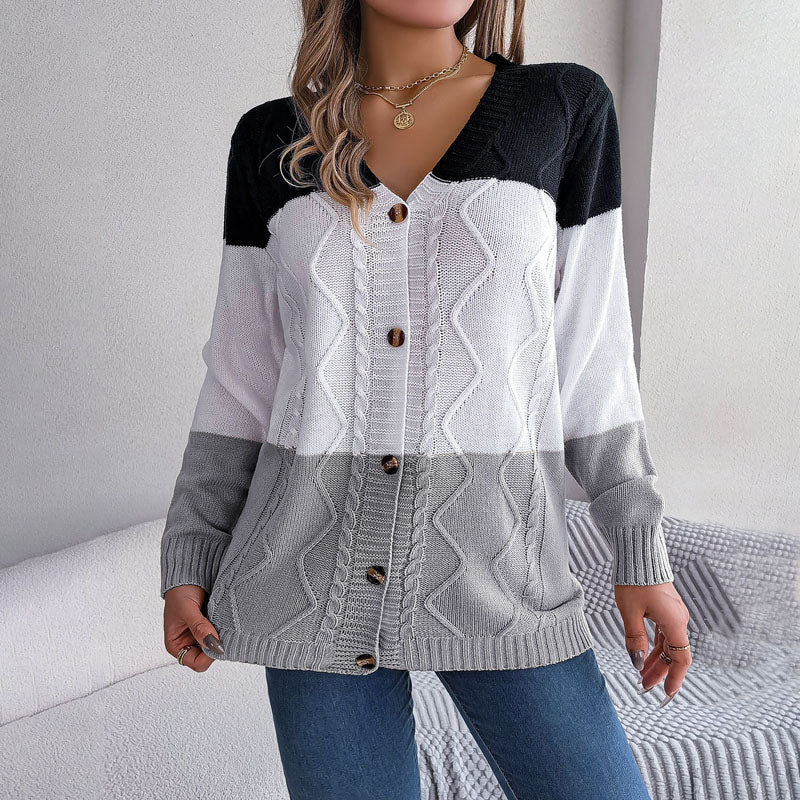 Herr Tröja Färgblockdesign med V-Ringning och Knappar 7