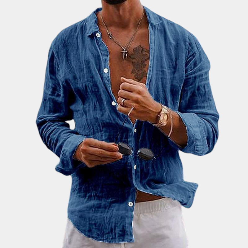 Herrar Långärmad Skjorta Klassisk Bomull-Lin 3