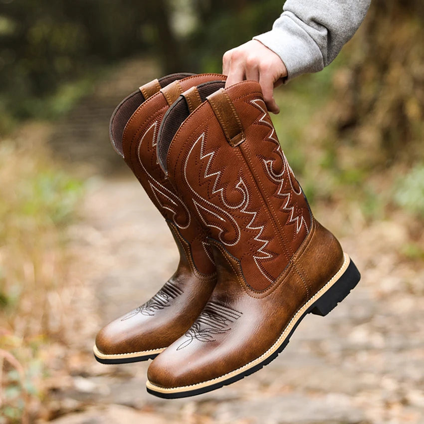 Herrarnas Cowboyboots Broderat Mönster Hög Skaft Läder 2
