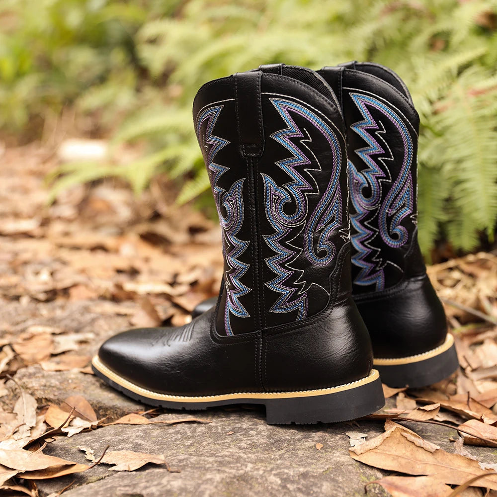 Herrarnas Cowboyboots Broderat Mönster Hög Skaft Läder 4