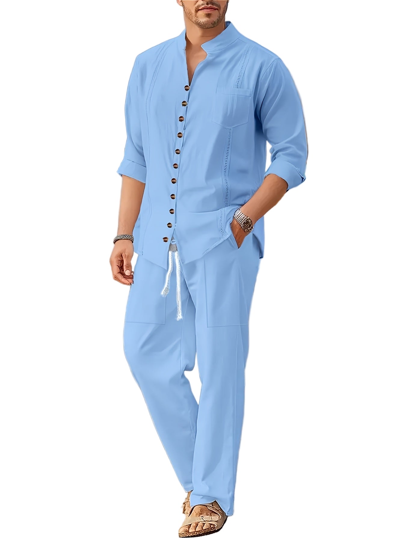 Herrars Strandkläder Set - Långärmad Skjorta & Dragsko Byxor 0