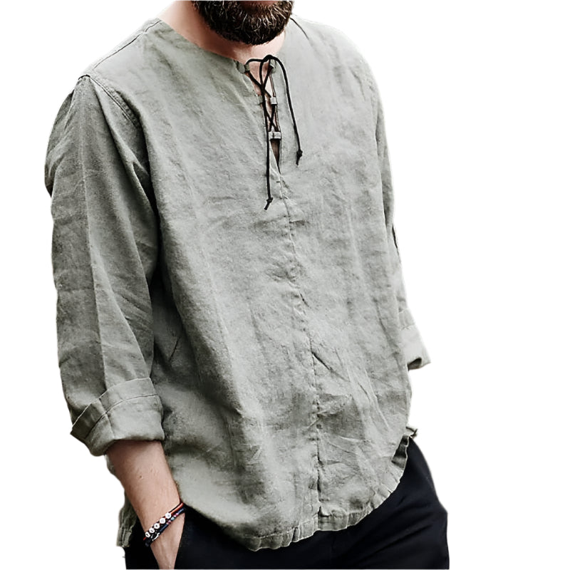 Herrblus i Lin med V-hals och Trendiga Detaljer 0