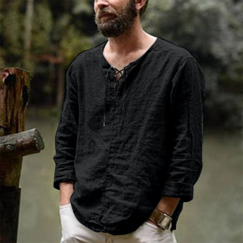 Herrblus i Lin med V-hals och Trendiga Detaljer 2