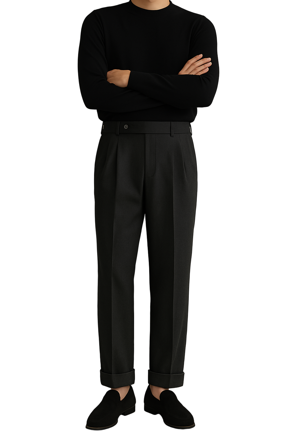 Herrbyxor Hög Midja Ullblandning Skräddarsydd Passform Plisserad Framsida Cuffad Nederkant 0