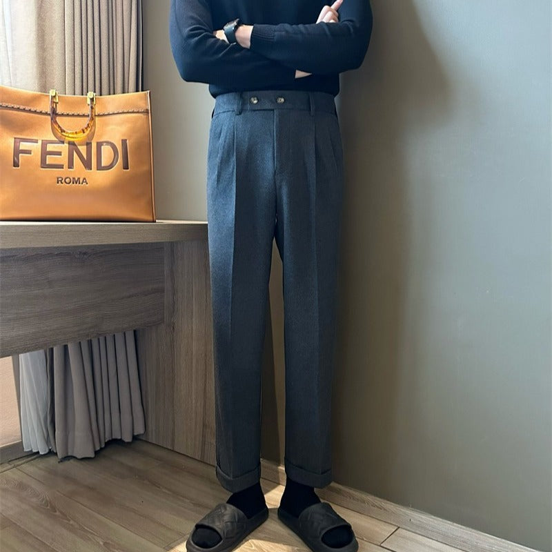 Herrbyxor Hög Midja Ullblandning Skräddarsydd Passform Plisserad Framsida Cuffad Nederkant 5