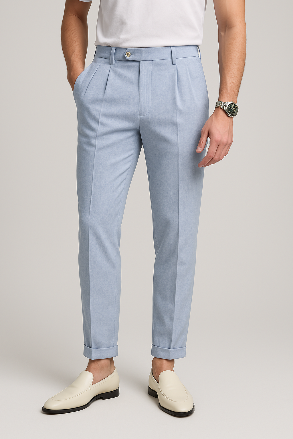 Herrbyxor Raka Hög Midja Plisserad Polyester 1