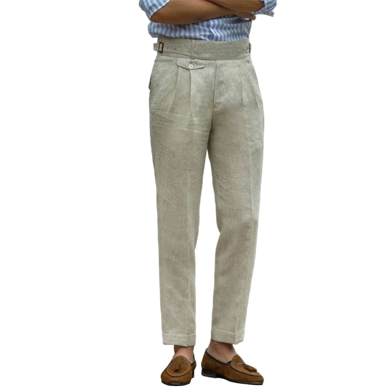 Herrbyxor Slim Fit Hög Midja Linne Plisserad Framsida 0