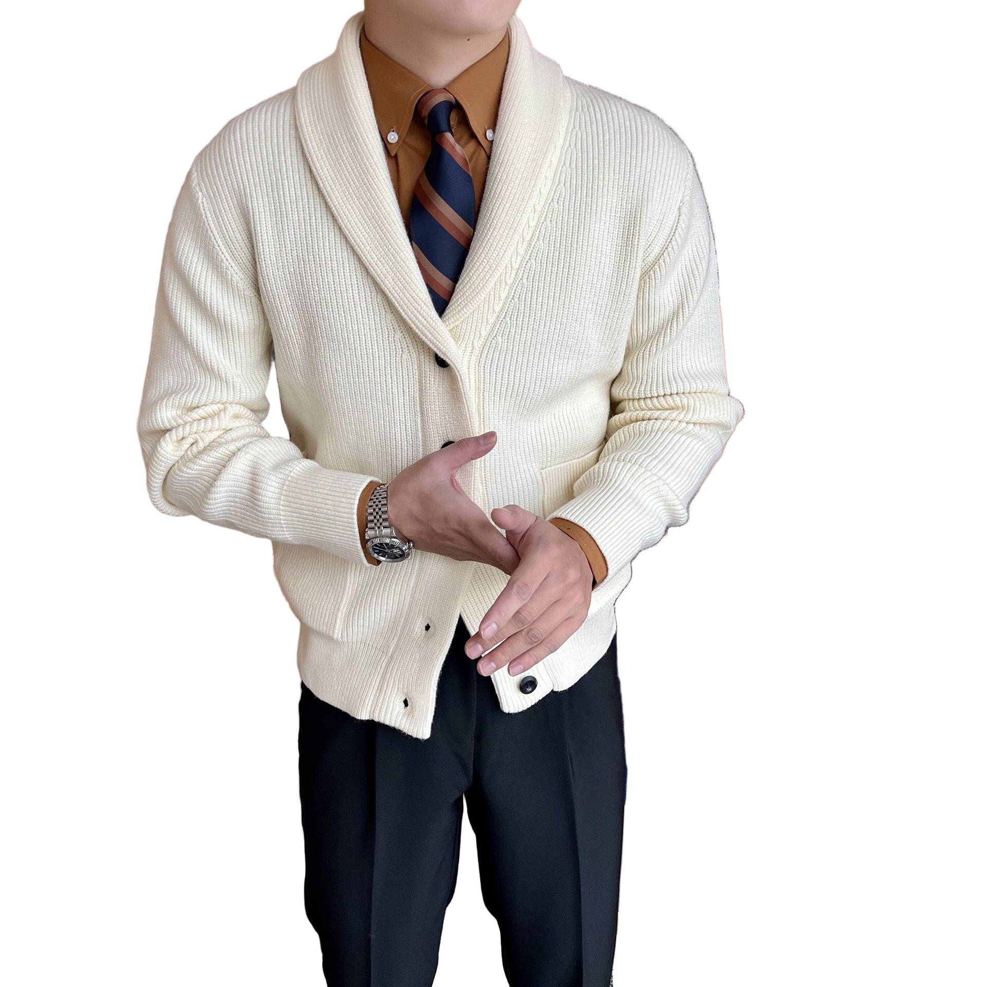 Herrens Cardigan Sjalkrage Ribbad Stickning 0