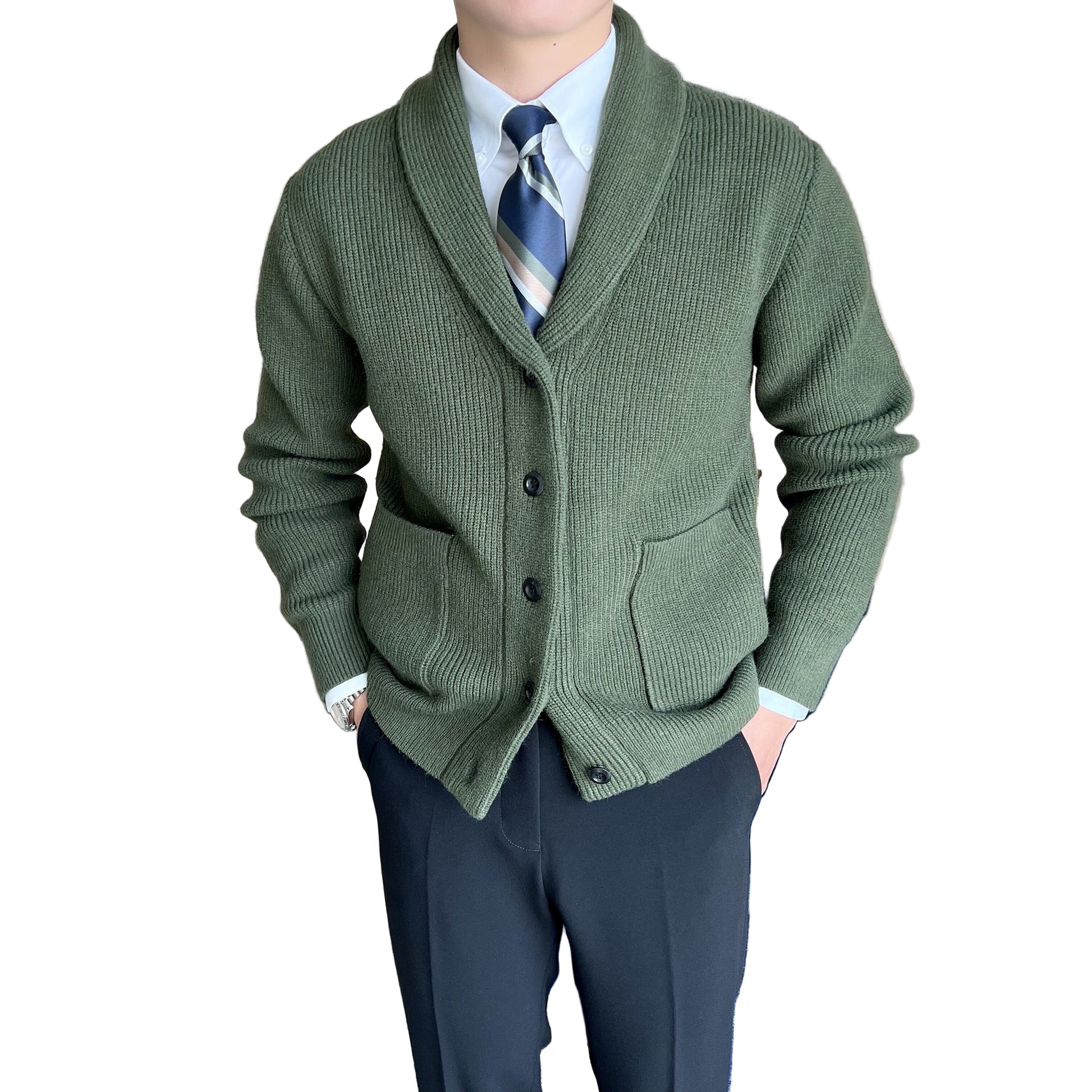 Herrens Cardigan Sjalkrage Ribbad Stickning 2