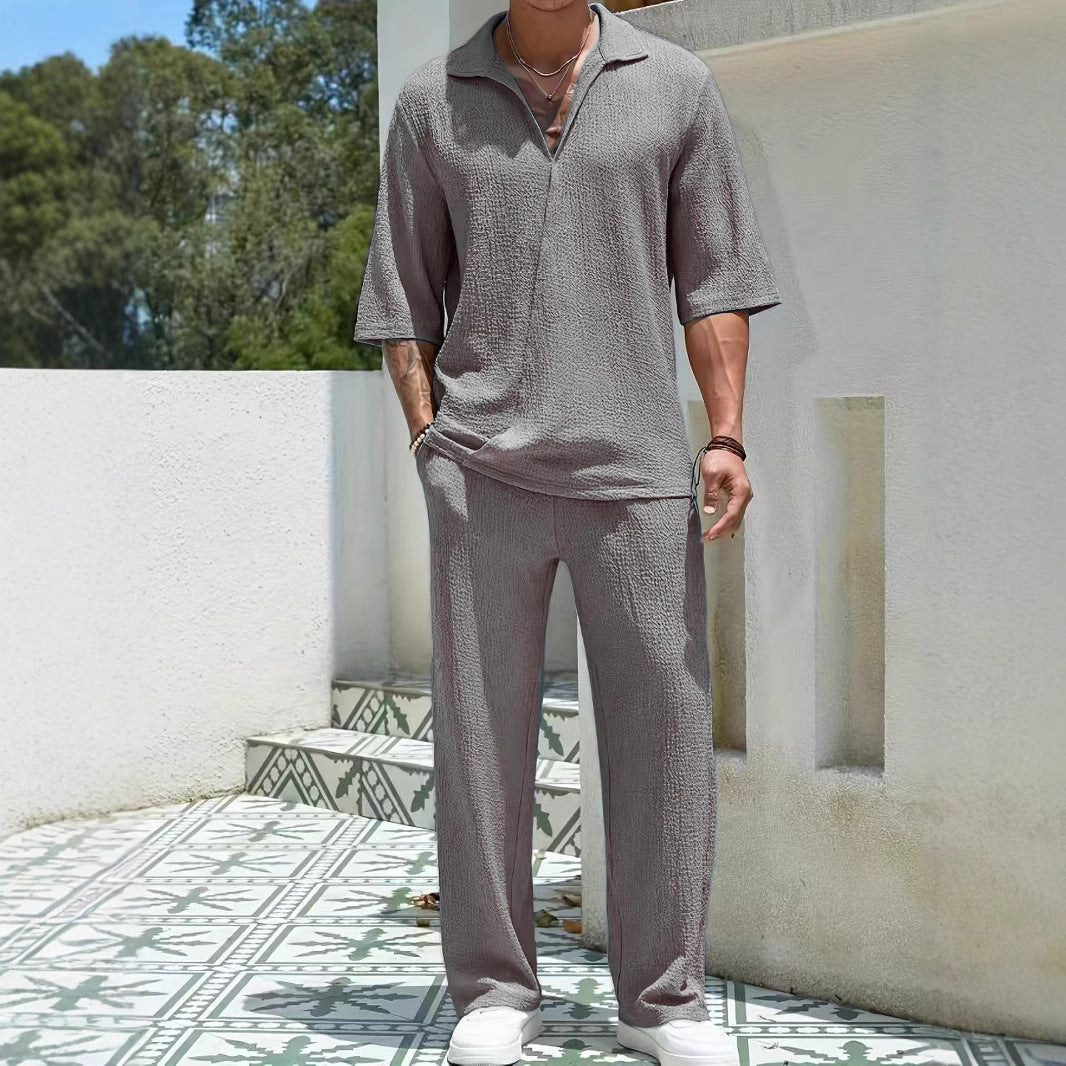 Herrens Casual Set Halvdragkedja Texturerad Fiberblandning 1