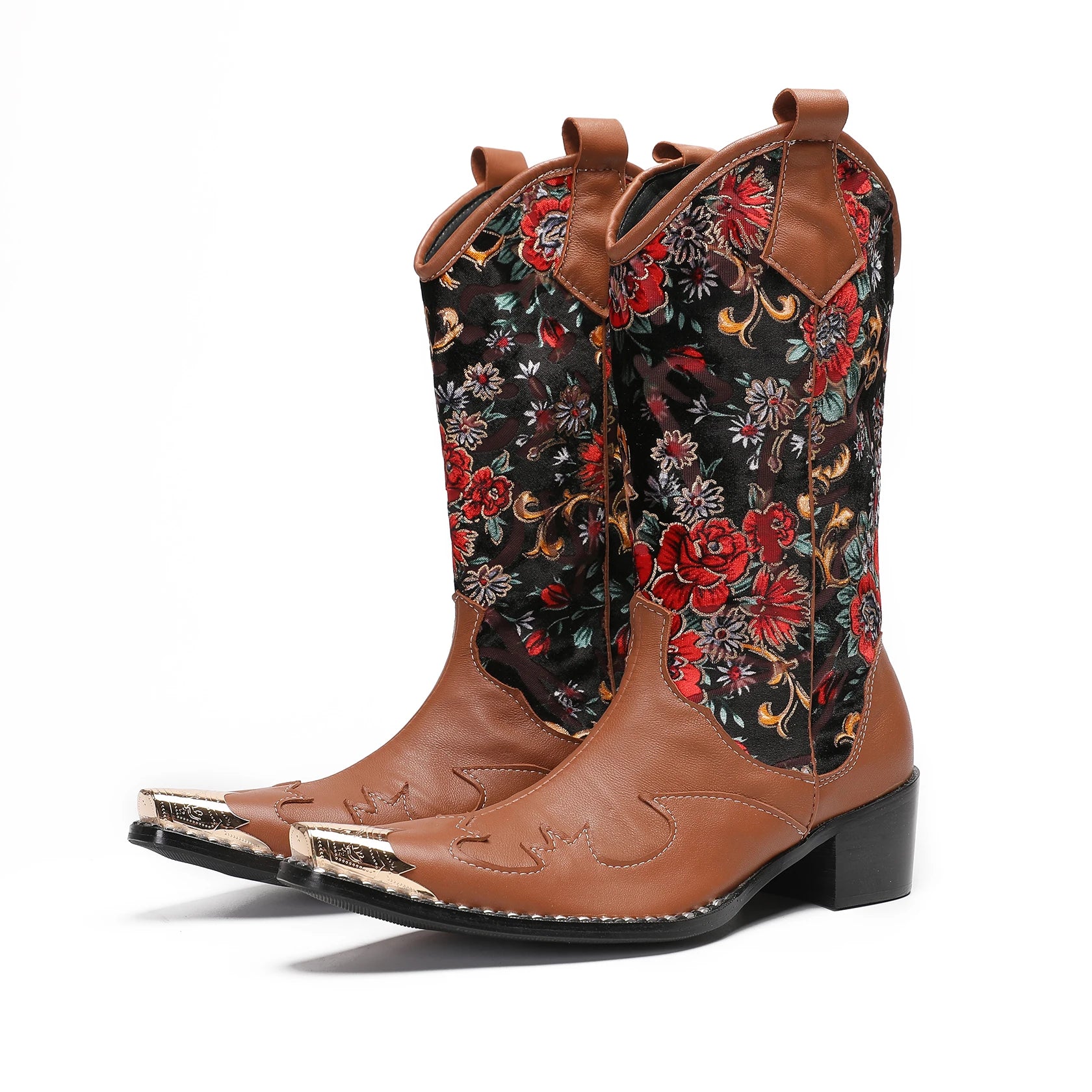 Herrens Cowboy Stövlar Broderad Läder Metalltå 2