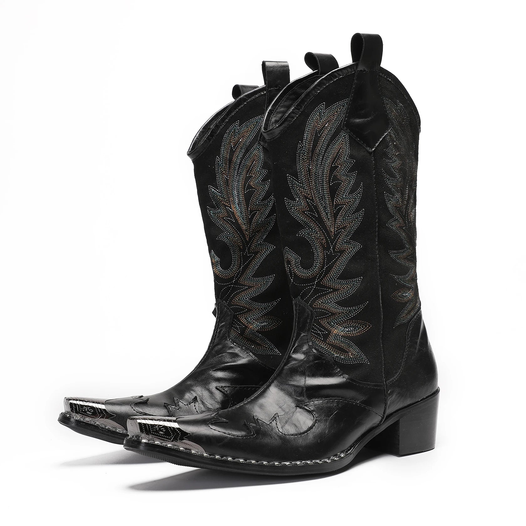 Herrens Cowboy Stövlar Broderad Läder Metalltå 3