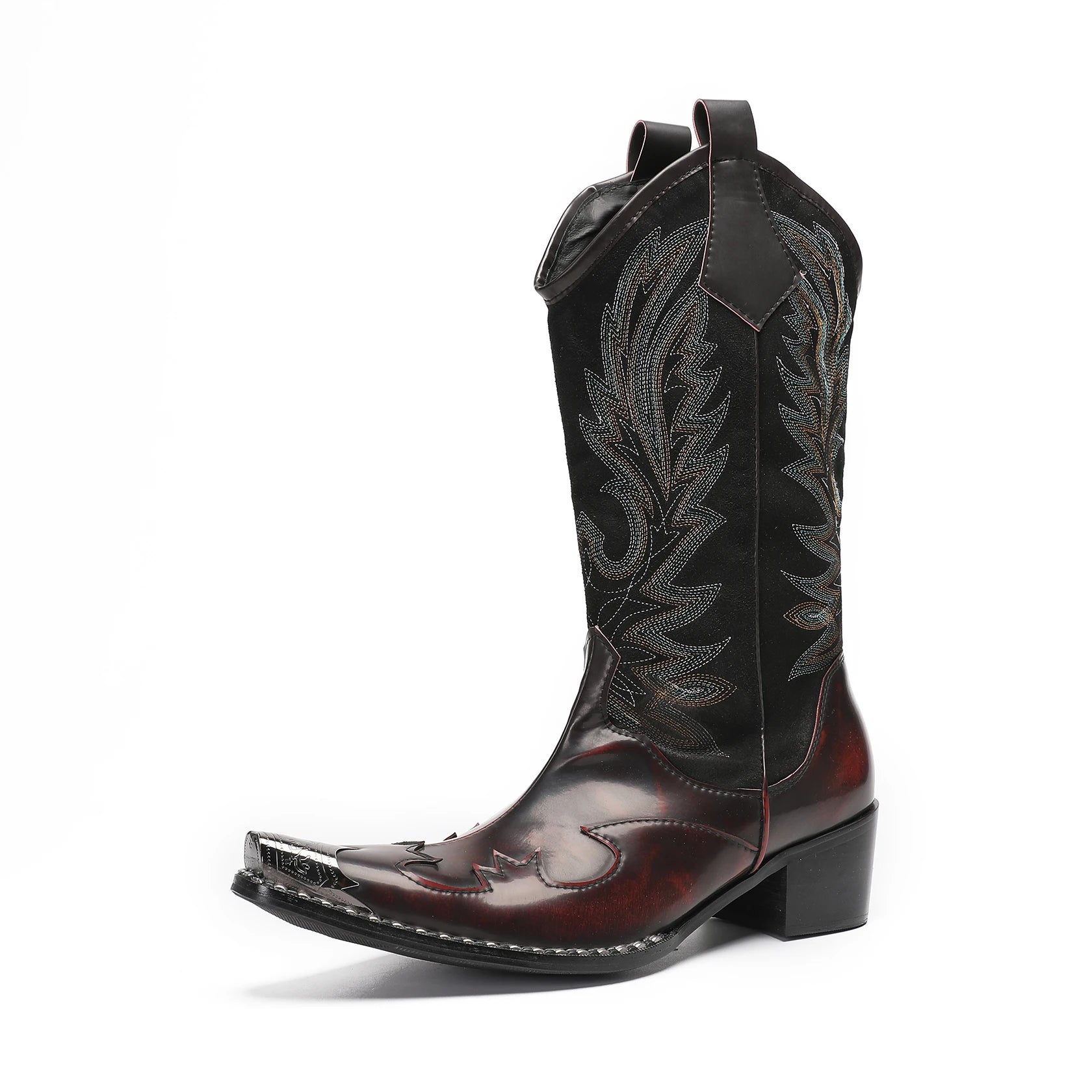 Herrens Cowboy Stövlar Broderad Läder Metalltå 4