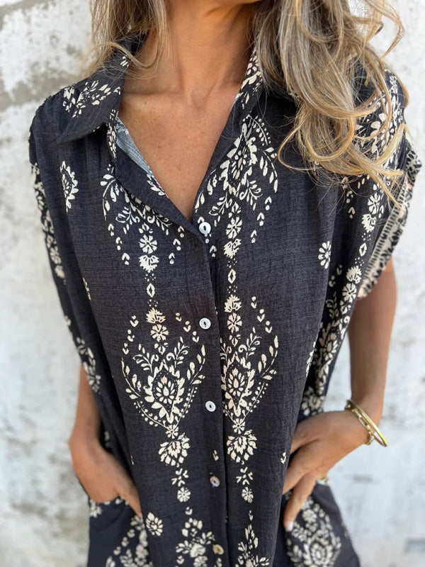 Herrens Kortärmad Skjorta i Lätt Bomull och Linne med Fickor 4