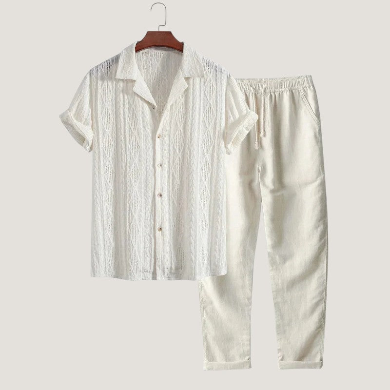 Herrens Sommarset med Knappar och Kort Ärmar i Lin 3