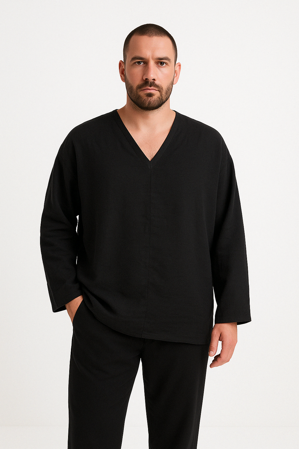 Herrlinne Skjorta Av Linne – Avslappnad Passform – V-Hals – Lång Ärmar 1