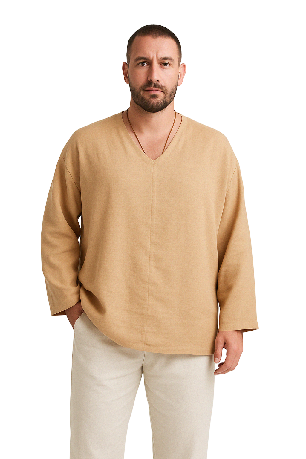 Herrlinne Skjorta Av Linne – Avslappnad Passform – V-Hals – Lång Ärmar 2