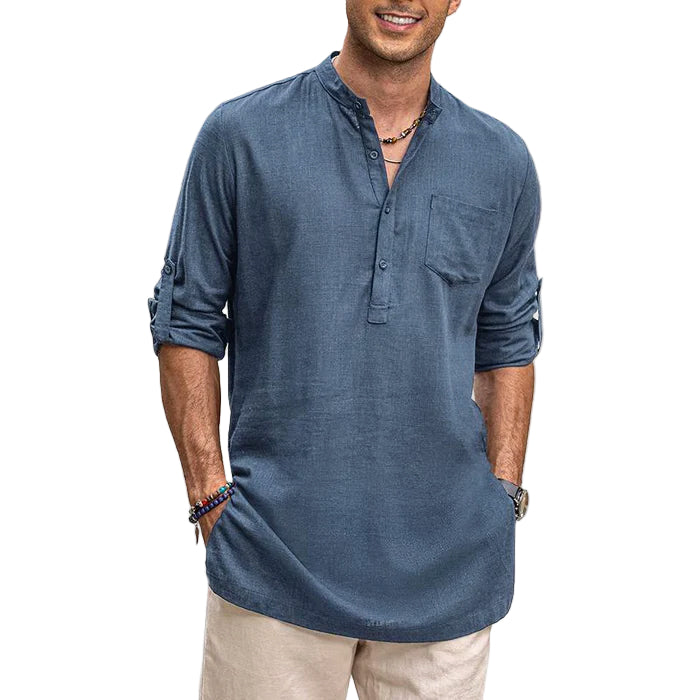 Herrskjorta Henley Långärmad Bomullsblandning med Rullärmar 0