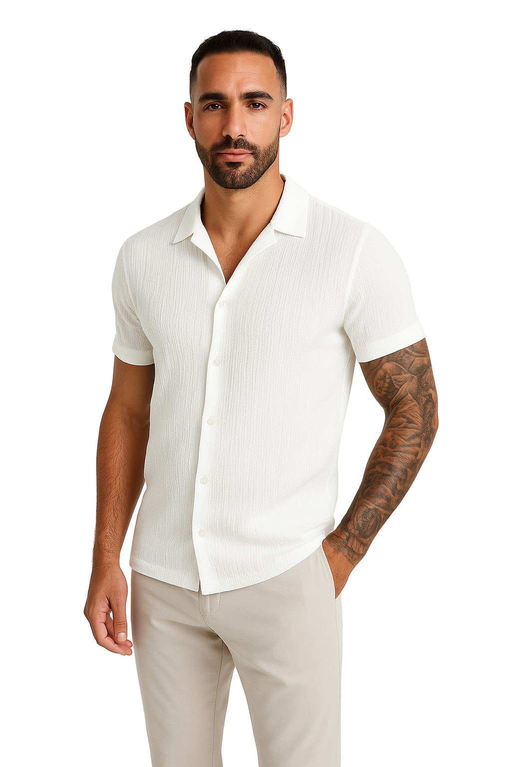 Herrskjorta Kort Ärmar Bomulls- och Linneblandning Lätt Passform 0