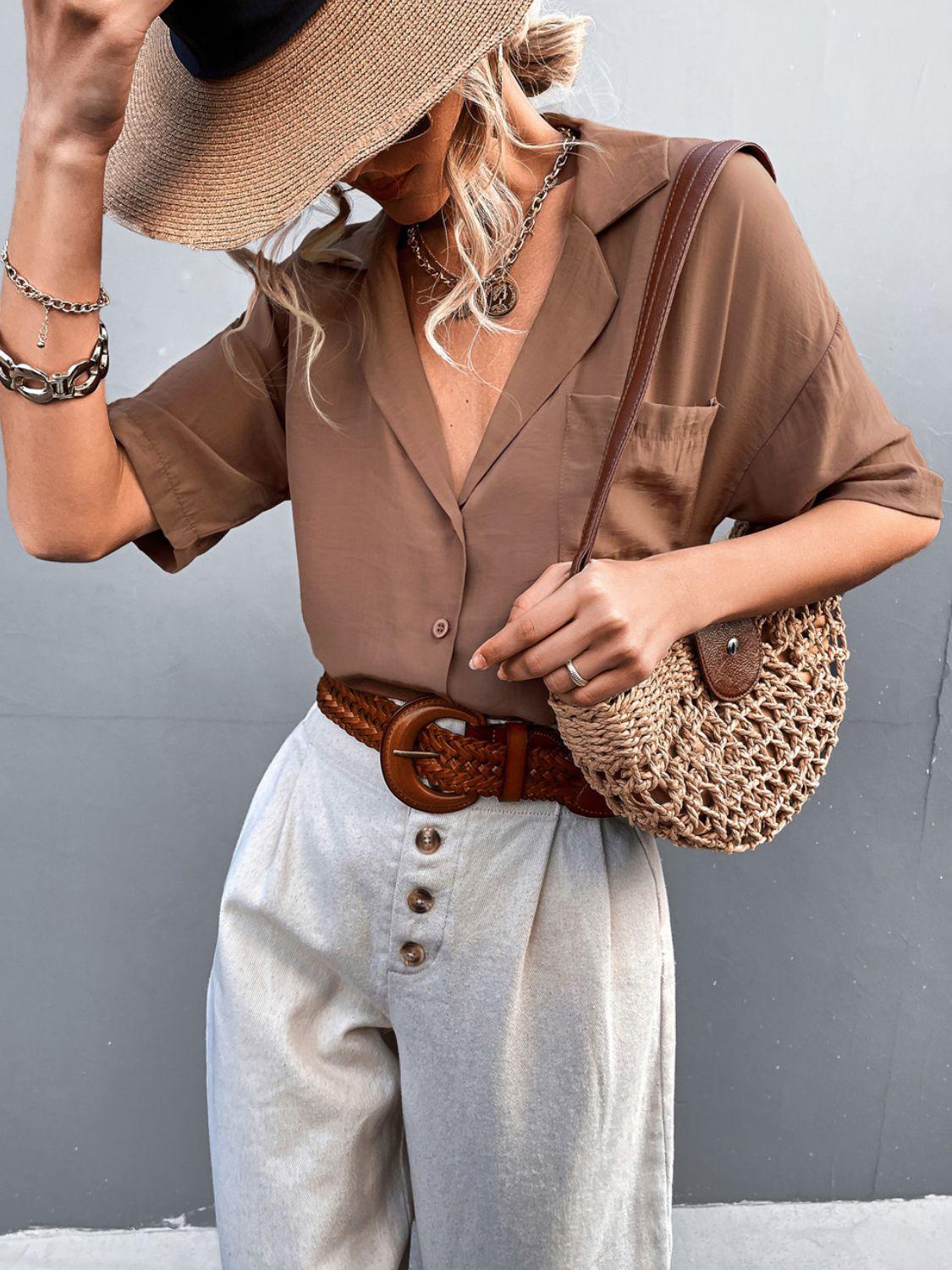 Herrskjorta Kortärmad Knappkrage Polyester Spandex 7