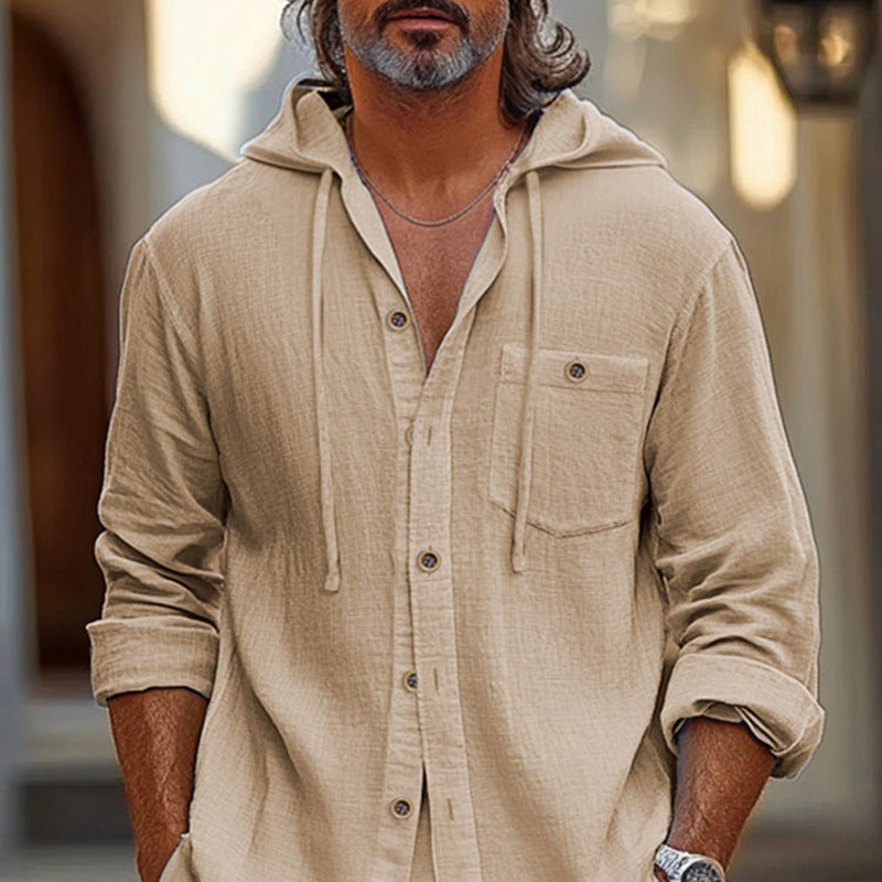 Herrskjorta Linneblandad med Huva Avslappnad Passform 2