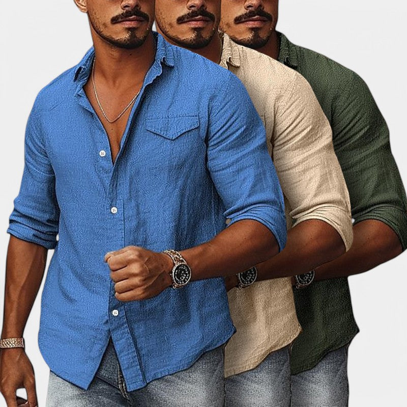 Herrskjorta i Lin och Bomull med Lång Ärmar och Ficka 4