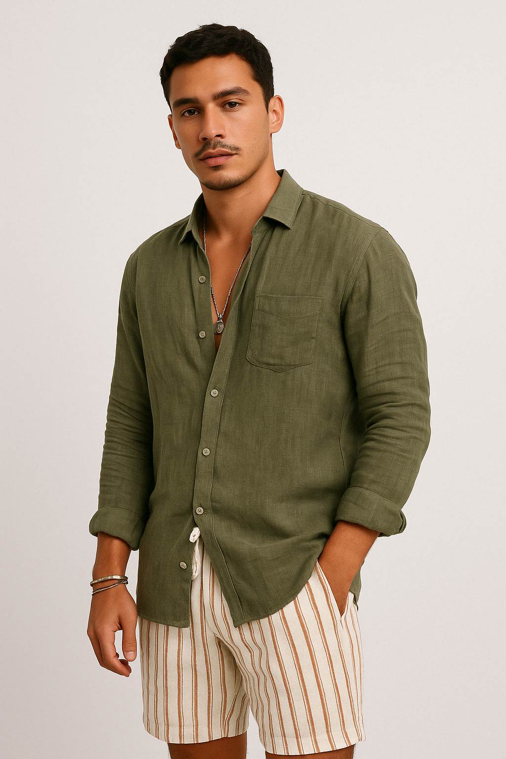 Herrskjorta med Långa Ärmar i Bomull-Linneblandning 1