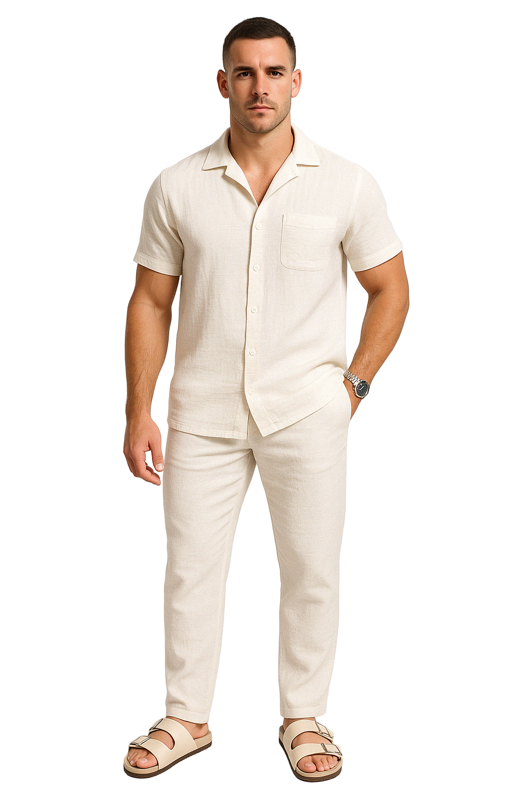 Herrskjorta och Byxor Set Avslappnad Lättviktig Bomull Kortärmad 0