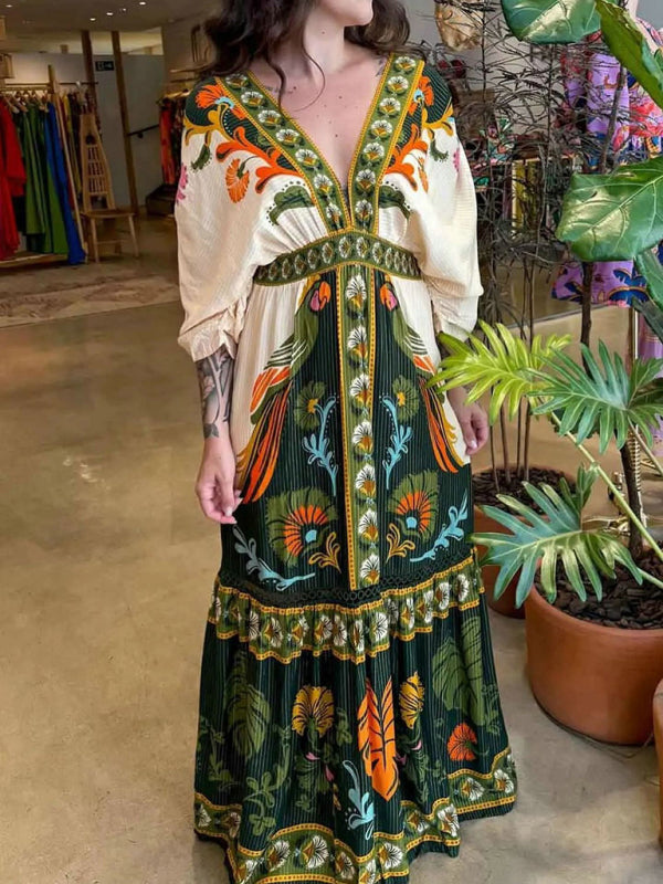 Klänning i linne med V-ringning och retro etnisk stil 3