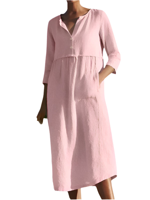 Klänning med Rund Hals, Knapp och Fickor i Bomull och Linne för Damer 0