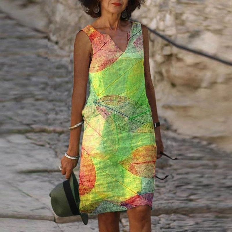 Kvinna Klänning Ärmlös Höststil Med Bladtryck 1