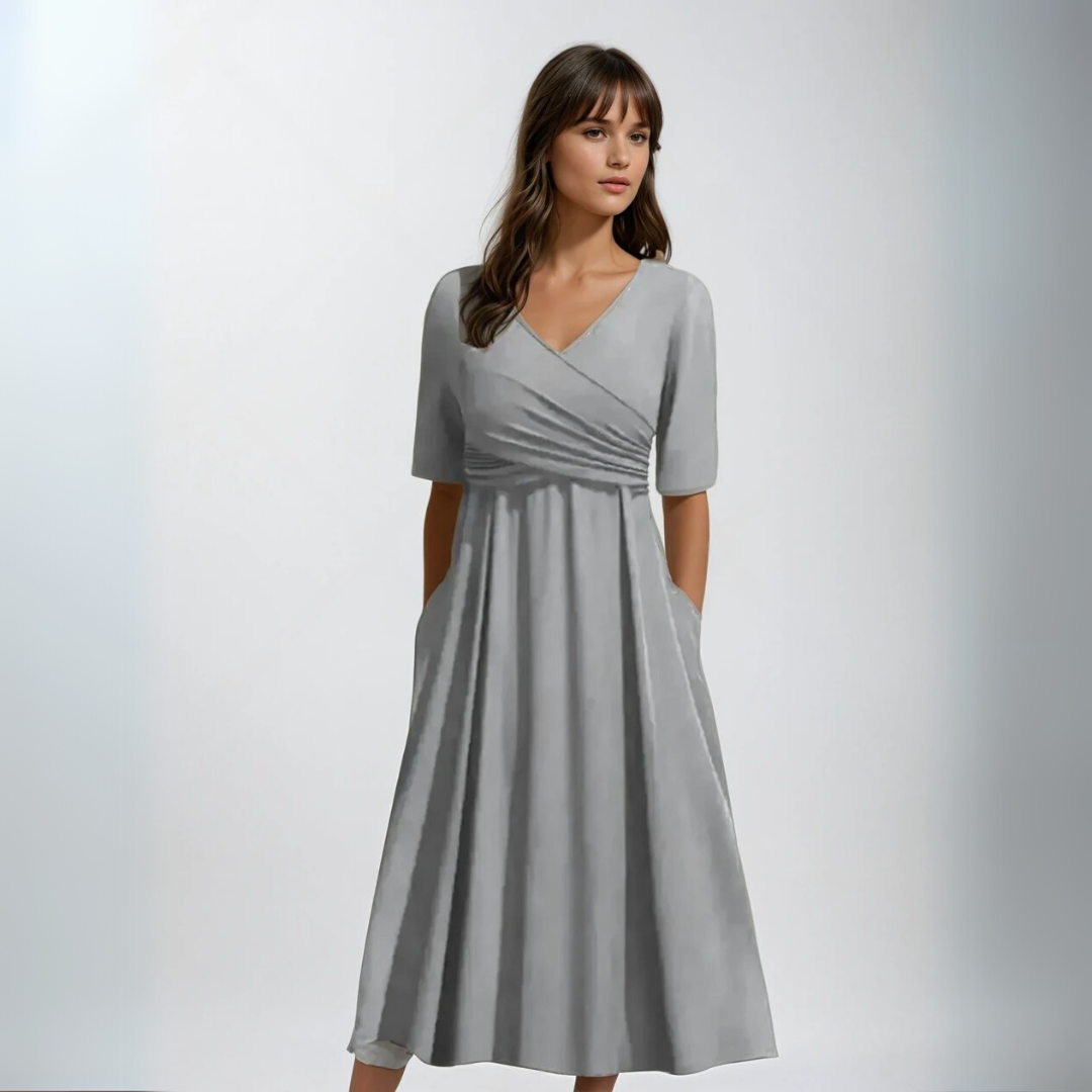 Kvinna V-ringad Kortärmad Klänning med Korsknytt 2