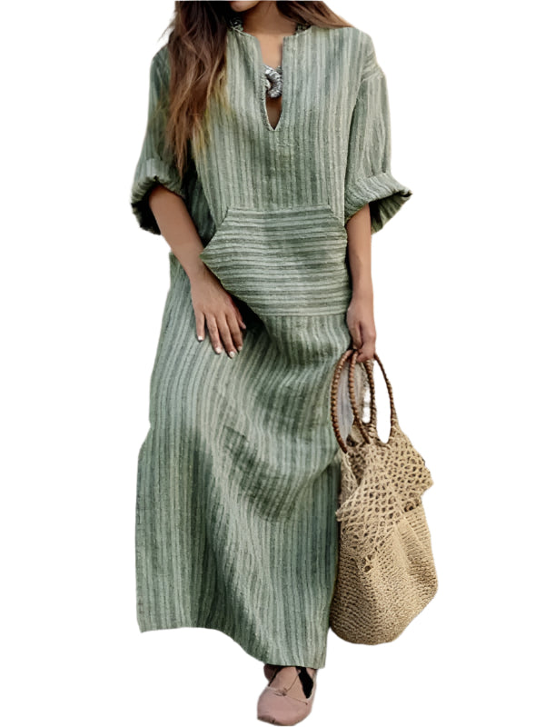 Kvinno Lång Klänning Randig i Bomull och Linne 0